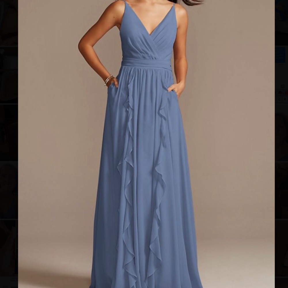 David’s bridal steel blue floor length chiffon bridesmaids dress. Size 4